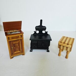 Vintage Miniature Kitchen Furniture Stove Ice Box Butcher Block Set Farmhouse